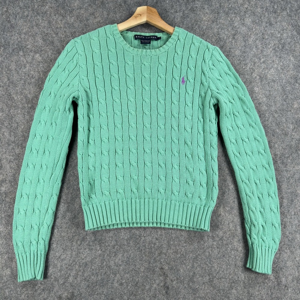 Ralph Lauren Sweater Womens Small Green 100% Cotton Cable Knit Pony Pullover